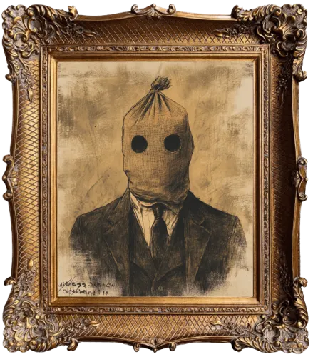 A 16th century style portrait of a man wearing a bag as a mask.