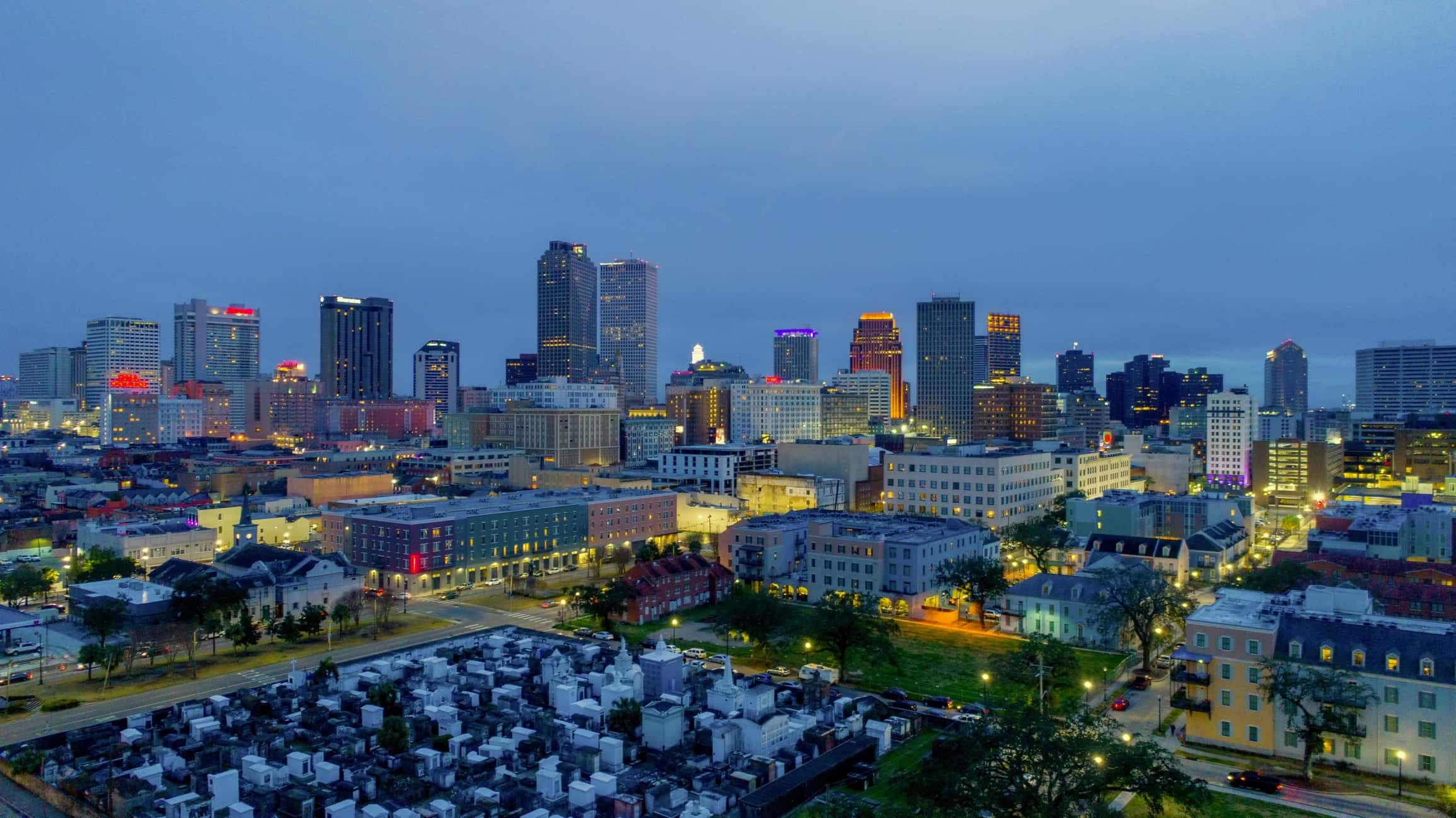 Downtown New Orleans skyline at sunset