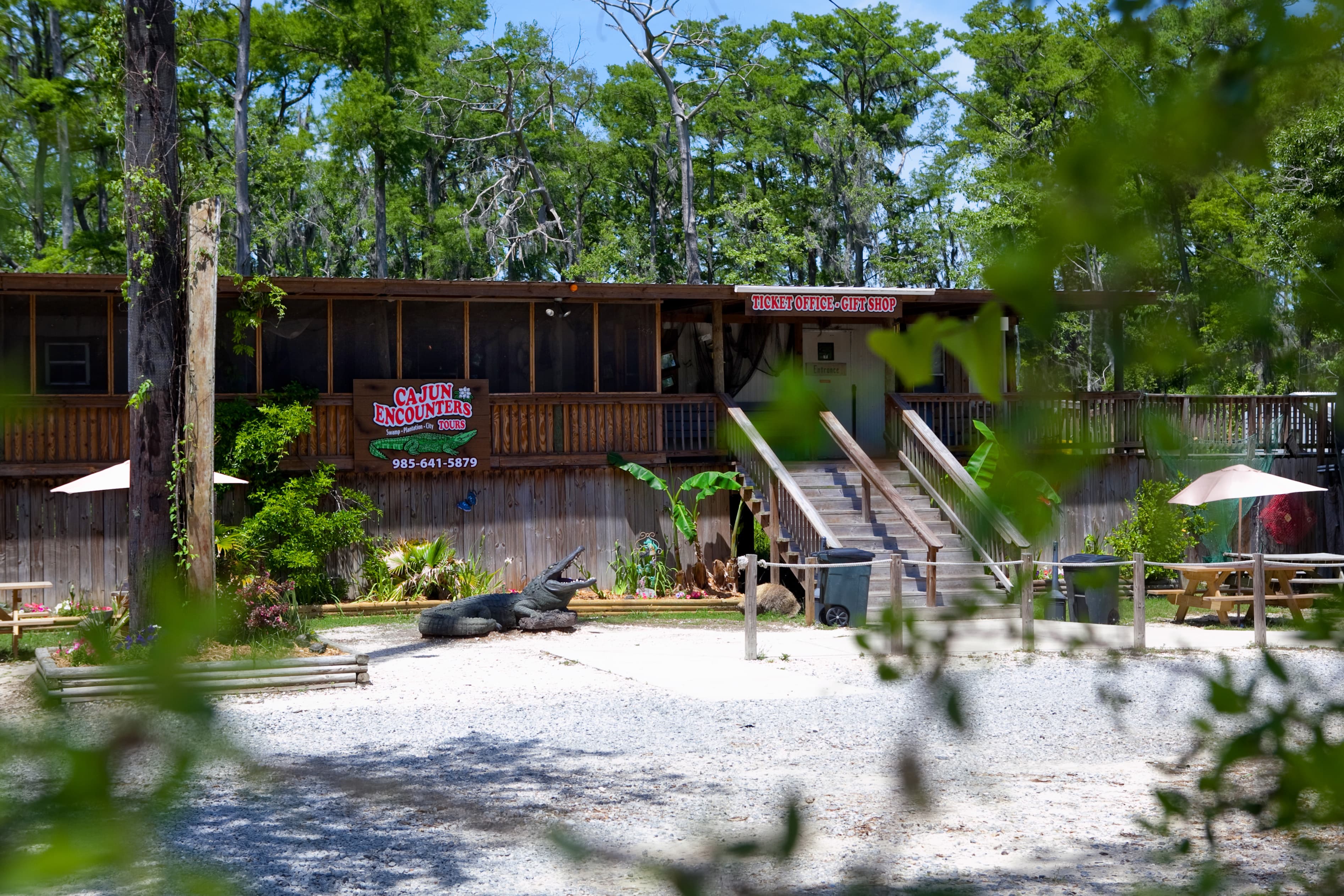 A photo of a Louisiana swamp tour company's gift shop building.