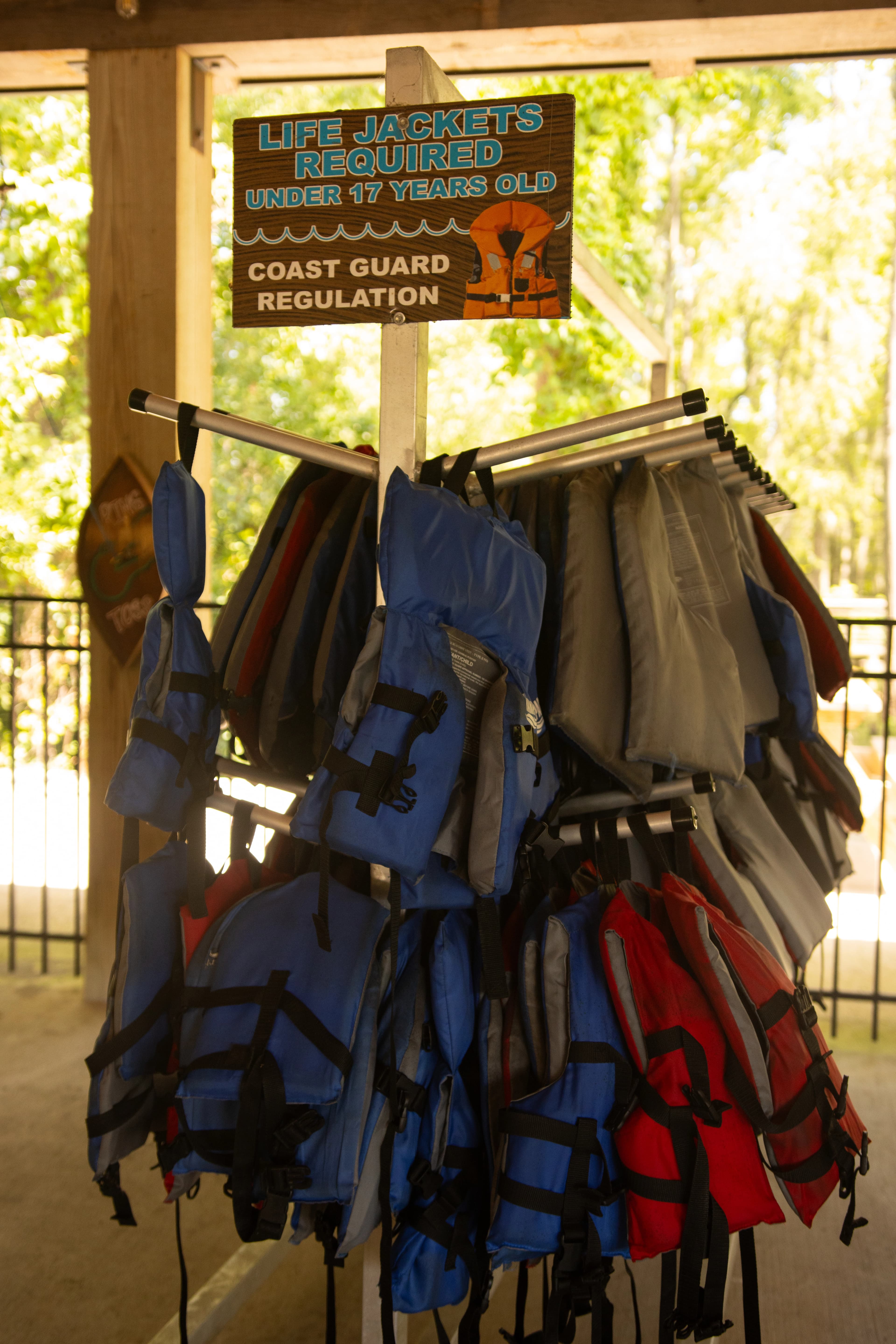 A display of life jackets for swamp tour guests.