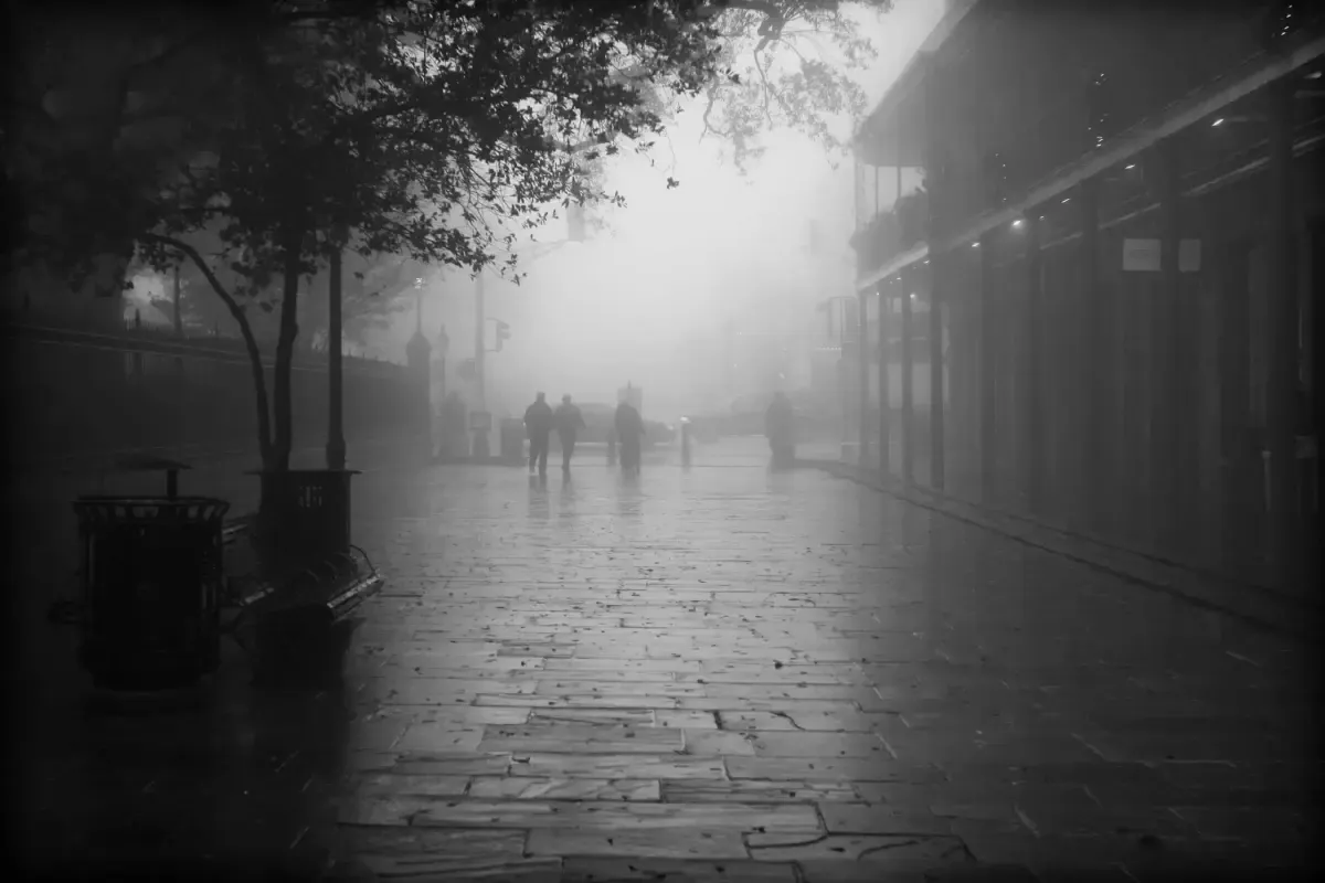 Foggy French Quarter street for the Oak Alley, Whitney, and ghost walking package