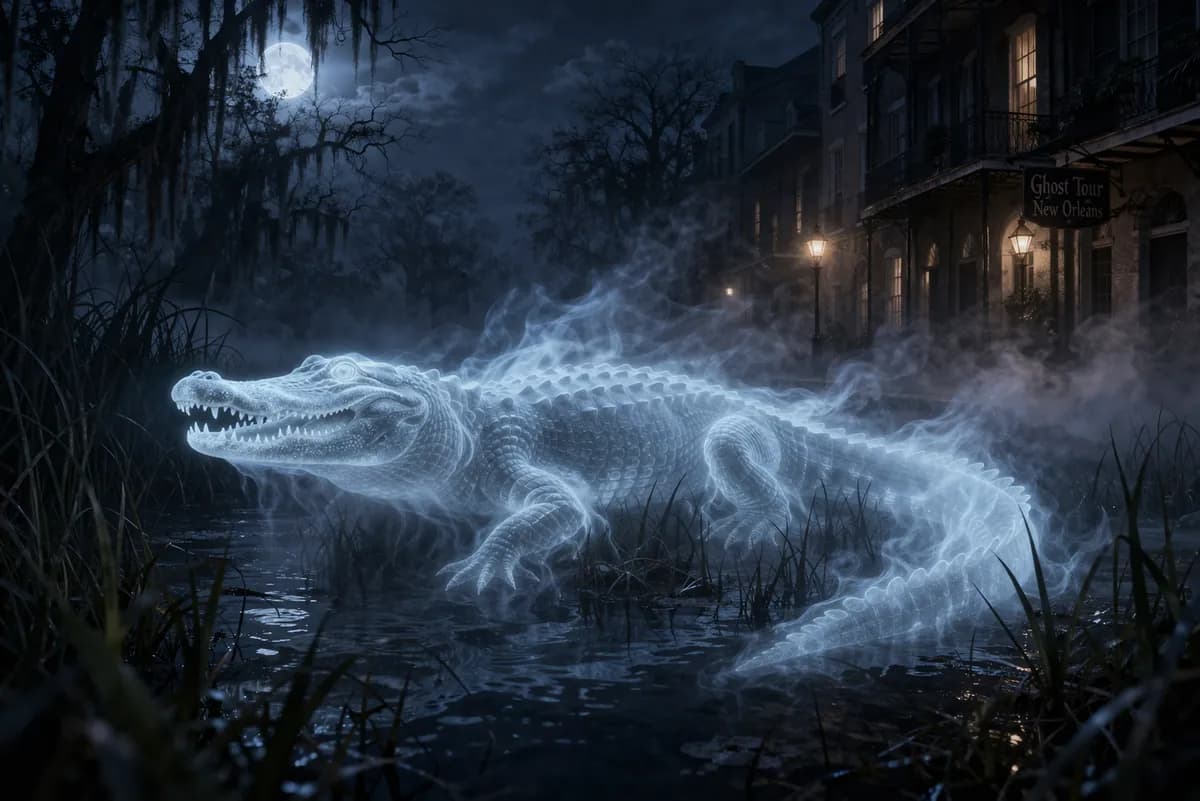 Swamp and ghost bus tour package with a spectral alligator in New Orleans
