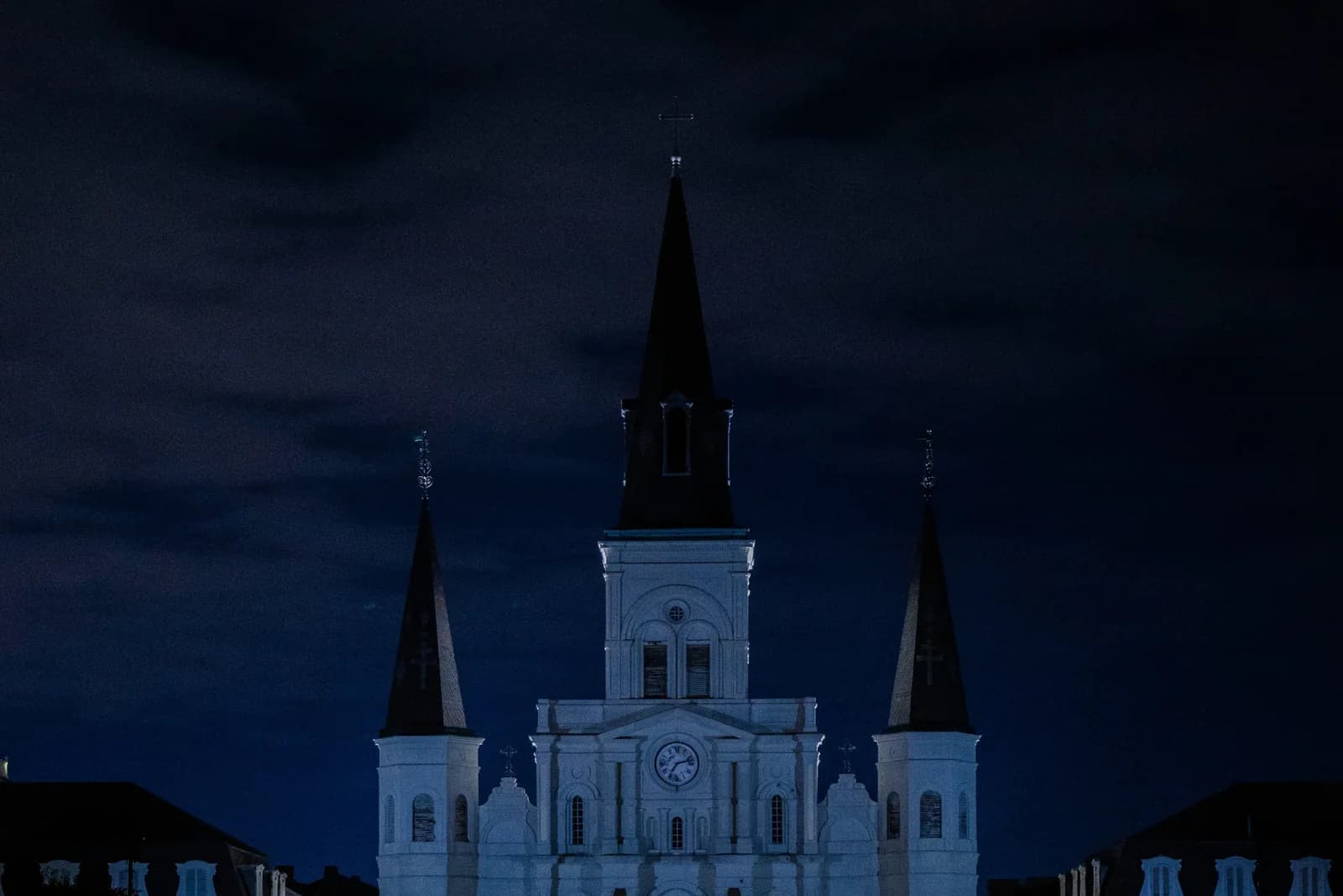 St. Louis Cathedral at Jackson Square after dark — ghost bus tour New Orleans departure