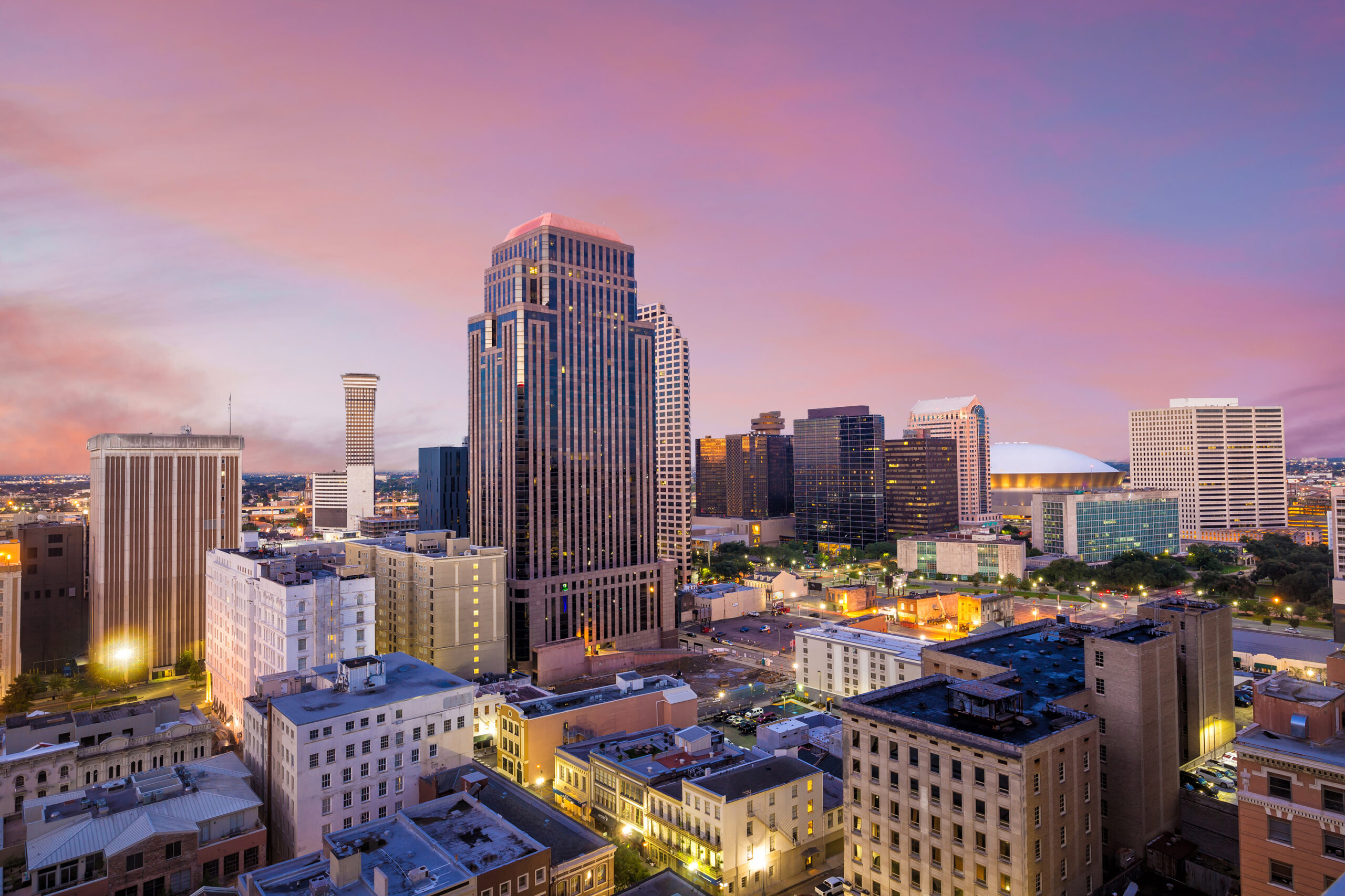 View of Downtown New Orleans CBD on a New Orleans city bus tour