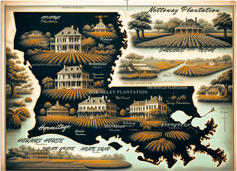 A map of Louisiana depicting plantations across the state